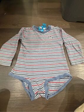 Vintage Y2K 2T/3T Striped Long-Sleeve One-Piece Bodysuit - Blue/Red/White